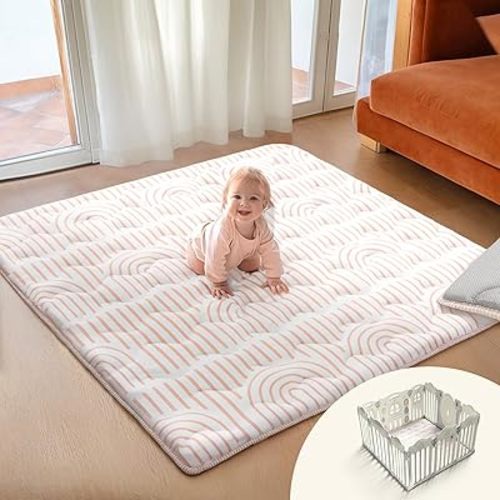 Soft Thicker Baby Mat for Floor 50"x50", Non-Slip Baby Play Mat, Easy to Clean 50x50 Playpen Mat, Portable Playmat, Crawling Mat for Infants, Babies, Toddlers, Activity Mat, Rainbow, Pink