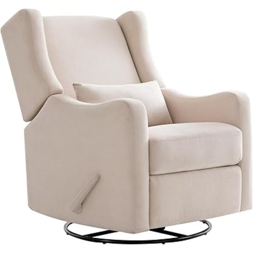 Harkawon Wingback Glider Rocking Recliner, Swivel Rocker Recliner Chair, Nursery Rocking Chair, Fabric Chair with Lumber Support, High Back, Deep Seat, for Living Room, Bedroom, Beige