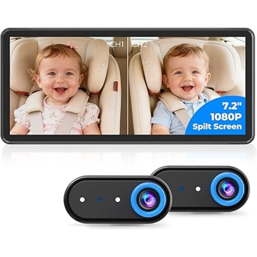 BM5PRO 7.2" 1080P HD Baby Car Camera for 2 Kids, Split Screen with IR Night Vision, Easy to Install & Adjust Brightness, Dual Car Camera Baby Monitor for Rear Seat Safety (Blue)