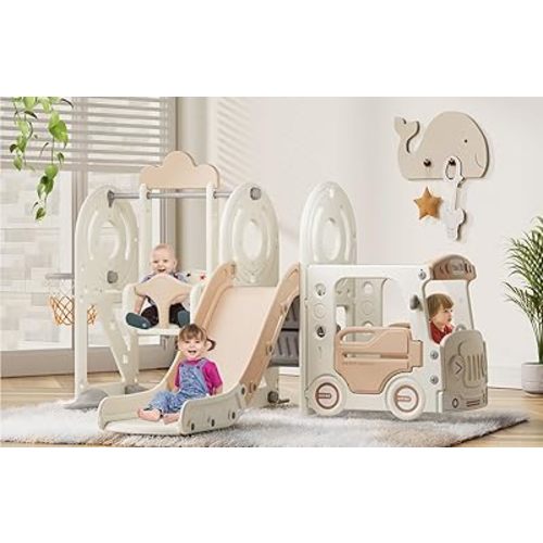 BIERUM 5 in 1 Toddler Slide and Swing Set, Kid Slide for Toddlers Age 1-3, Bus Themed Baby Slide with Basketball Hoop, Indoor and Outdoor Slide Toddler Playset Toddler Playground Beige Coffee
