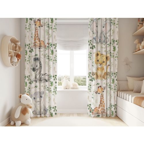 Nursery curtains with cute safari animals, Safari Nursery Curtains, Neutral Nursery Room Curtains, Africa Animals Windows Curtains baby room