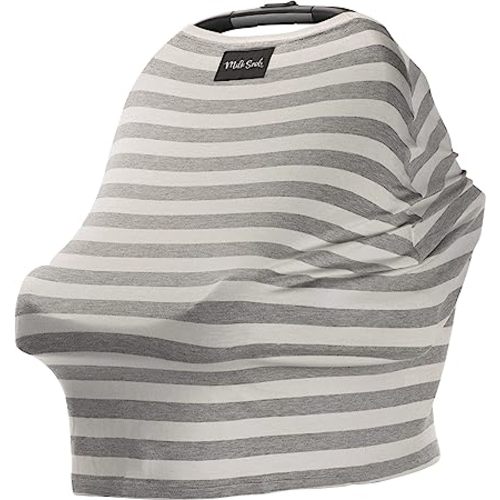 Milk Snob Original 5-in-1 Cover - Added Privacy for Breastfeeding, Baby Car Seat, Carrier, Stroller, High Chair, Shopping Cart, Lounger Canopy - Newborn Essentials, Nursing Top, Cream and Gray Stripe - Cream & Grey Stripes