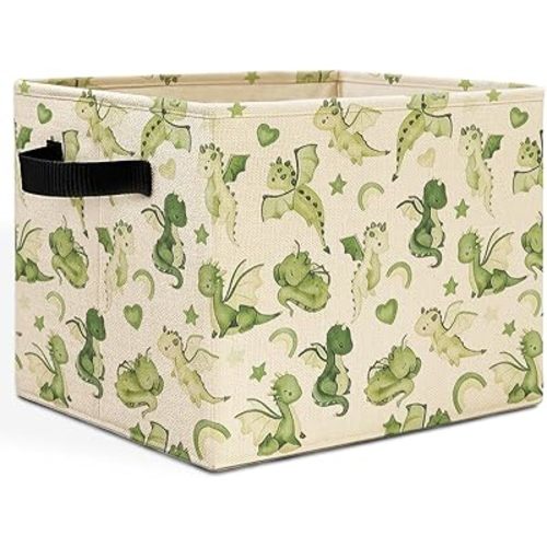 Sage Green Dragon Nursery Storage Bins Box with Handles, Fantasy Cute Dragon Laundry Basket Hamper Collapsible Clothes Toys Organizer for Kids Boys Girls Room Nursery Bathroom