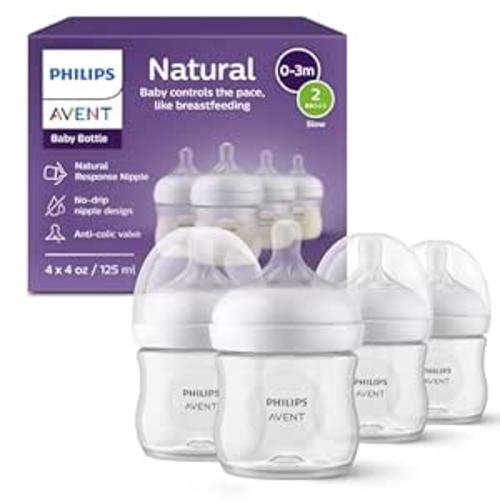 Philips Avent Natural Baby Bottles with Natural Response Nipples (Slow Flow, Flow 2), 4oz, 4-Pack, SCY900/04