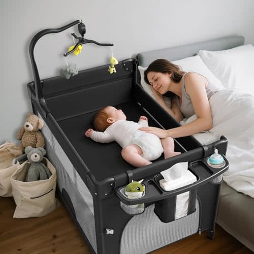Pack and Play, 5 in 1 Baby Bassinet Bedside Sleeper, Portable Baby Crib with Diaper Changer, Storage Rack& Music Box Toy Bar, Foldable Playard for Newborn Toddlers(Black)