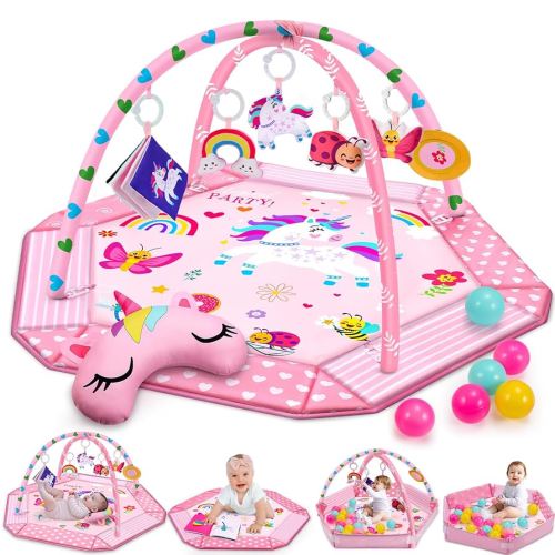 Unicorn Baby Gym Play Mat, 9-in-1 Tummy Time Mat with 6 Baby Toys & 12 Balls, Washable Baby Activity Mat for Visual, Sensory, Motor Development, Newborn Baby Toys Gift for Toddler 0-3-4-6-9-12 Months