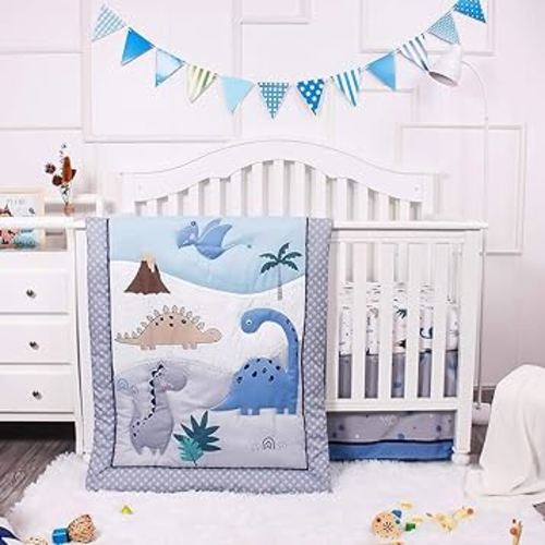 La Premura Baby Crib Bedding Set for Boys – Dinosaur 3 Piece Standard Size Nursery Crib Comforter Set, Grey/Blue - Unisex Baby Nursery Bedding and Neutral Decor