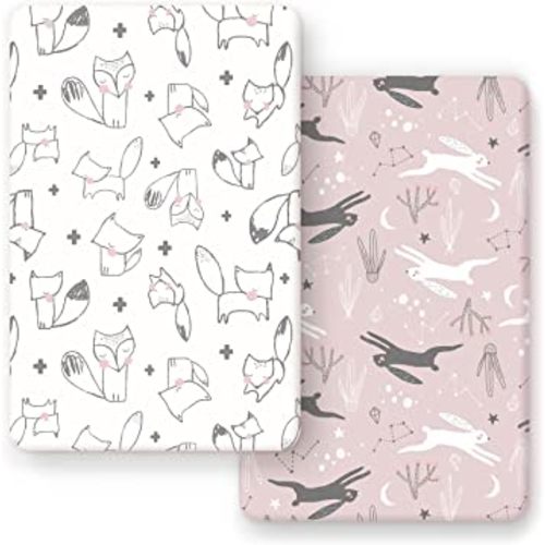 GRSSDER Stretchy Ultra Soft Jersey Knit Pack n Play Sheets Set 2 Pack, Portable/Mini Cribs Playard Sheets, Cute Foxes and Rabbits for Baby Girls and Boys
