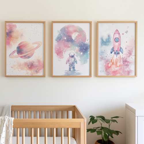 Watercolor Light Pink Pastel Space Astronaut Set of 3 Art Print Nursery Decor Poster or Canvas, Girl Space Room Wall Art Space Nursery Print