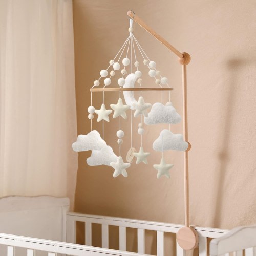 Vintage style neutral white felt cloud crib mobile with stars and moon for a gender neutral nursery