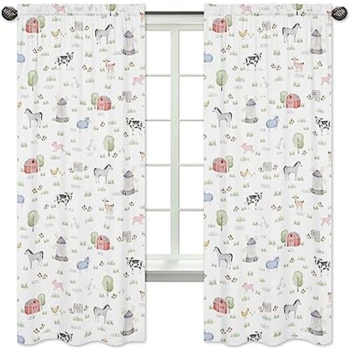 Sweet Jojo Designs Farm Animals Window Treatment Panels Curtains - Set of 2 - Watercolor Farmhouse Horse Cow Sheep Pig