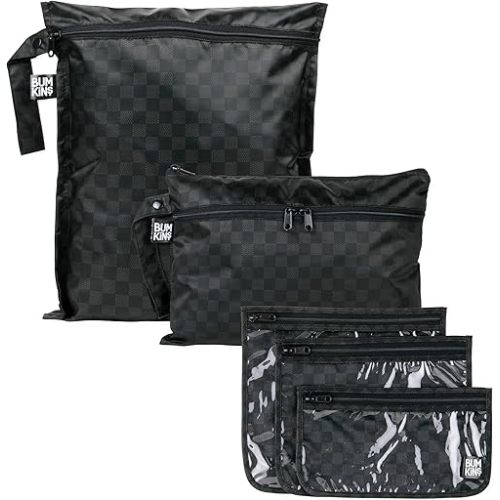 Bumkins Waterproof Wet Bag and Packing Pouches, TSA Airline Compliant, Pack for Baby, Travel, Swim Suit, Cloth Diapers, Pump Parts, Pool, Gym Clothes, Toiletry, Daycare, Zip Bag, 5-pc Set Black Check