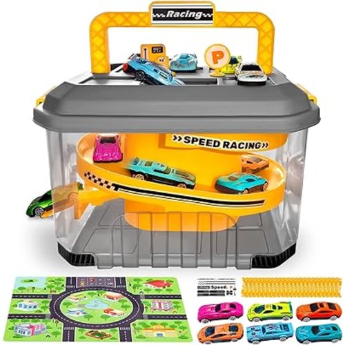 Toddler Toys for Ages 2-4, Toys Cars Storage Bucket Compatible with Hot Wheels, Playset Including 12 Die-cast Cars, Plat Mat, Race Tracks, Car Ramp, Kids Birthyday Gift for 2 3 4 5 Year Old Boys
