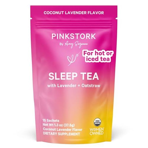 Pink Stork Organic Sleep Tea - Melatonin-Free - Calming Lavender Coconut Herbal Tea to Naturally Support Sleep - Pregnancy Friendly Bedtime Tea, Caffeine-Free - 15 Sachets, Hot or Iced