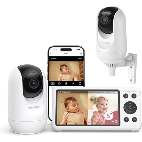 Momcozy BM04 Smart WiFi Baby Monitor with 2 Cameras, 5’’ 1080P Split Screen Video Baby Monitor with Camera and Audio, Clear Night Vision, 5000mAh Battery, 2-Way Audio