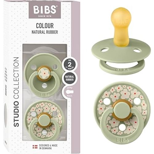 BIBS Pacifiers - Colour Studio 2 Pack | Round Nipple Baby Pacifier | BPA Free Natural Rubber Latex Soother | Made in Denmark | Size 6+ Months | Jasmine Sage