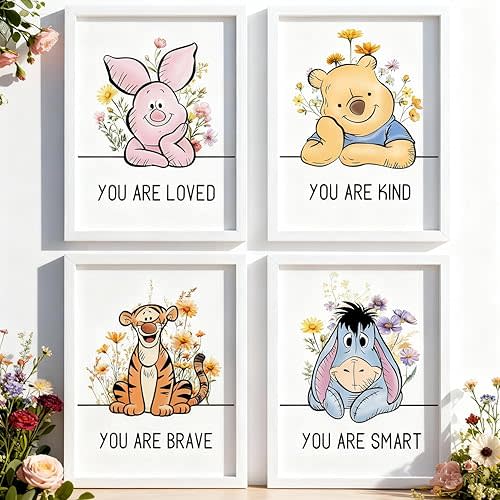Cute Winnie the Pooh Quote Framed Wall Art Set of 4, Boho Educational You are Brave Strong Smart Kind Saying Sign for Baby Girl Kid Boy Toddlers, White Wooden Preschool Inspirational Nursery Wall Decor