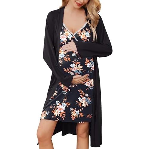 Ekouaer Womens Maternity Nursing Gown and Robe Set Labor Delivery Nuring Nightgowns for Hospital Breastfeeding Robes