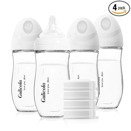 Gulicola Natural Glass Baby Bottle 8 oz for Breastfed Babies, Anti-Colic Baby Bottle Set with Medium Flow Nipple, 3 Months +, 4 Pack - White