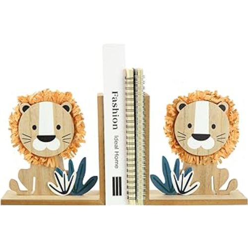 Harloon 2 Pcs Safari Nursery Decor Daisy Nursery Decor Wooden Bookends Baby Lion Wooden Safari Jungle Childrens Bookends Daisy Bookends Animal Nursery Bedroom Decor (Lion)
