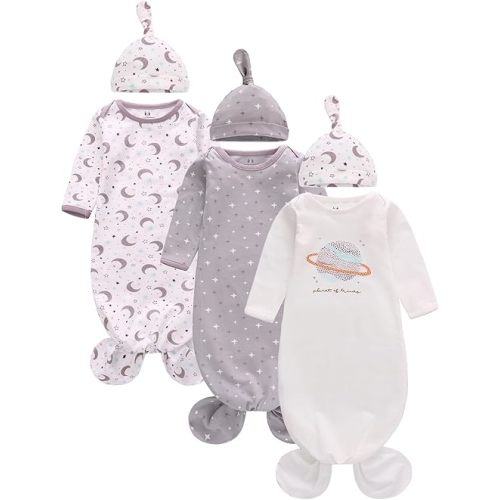 Newborn Knotted Nightgown Long Sleeve with Matching Hat Set 3 Pack, Baby Sleeper Gowns Unisex Home Outfits Set with Mitten Cuffs for Boys Girls 0-3 Months
