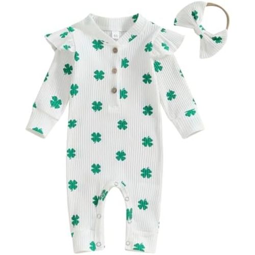 Lamuusaa Newborn Baby Girl St. Patricks Day Outfit Ruffle Ribbed Romper Shirts Four Leaf Clover Jumpsuit Headband