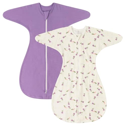 ZIGJOY Shark-Fin Transition Swaddle - 1.0 Tog Baby Sleep Sack Soft Cotton Transitional Swaddle Baby Wearable Blanket with 2-Way Zipper for All Seasons, Purple&Flower, 3-6 Months