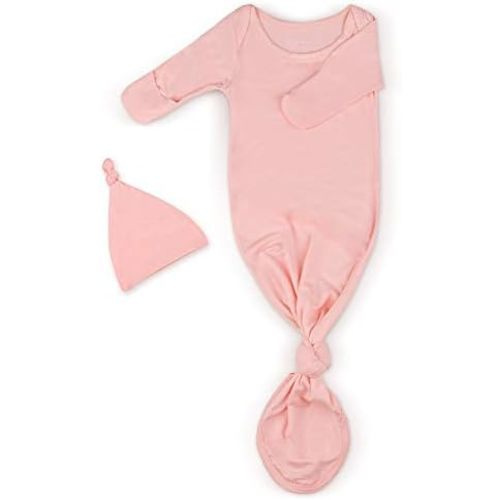 Newborn Baby Knotted Gown, Super Soft Silky Infant Long Sleeve Sleeper for Baby Girl and Boy Sleeping Bag with Hat