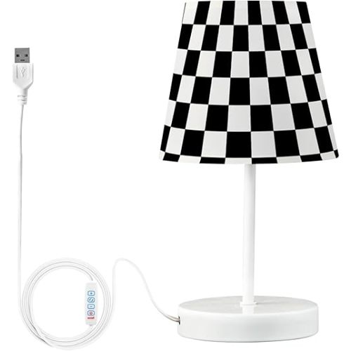 Bedside Lamp Black White Checkered Table Lamp for Bedroom Desk Lamp with USB Port LED Nightstand 3 Color Temperatures
