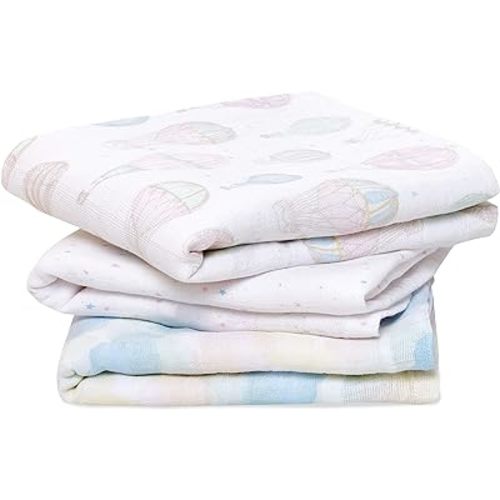 aden + anais Boutique Musy Squares, 100% Organic Cotton Muslin, Lightweight and Beathable Diaper Bag Essential, 3 Pack, Above The Clouds