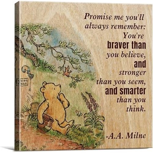 Winnie the Pooh Wall Art Decor Remember You're Braver Than You Believe Quote Canvas Painting Pictures Framed Canvas Print Sign Artwork Ready to Hang for Home Nursery (8x8 Inch)