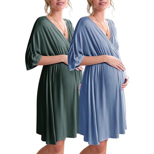 Ekouaer 3 in 1 Labor/Delivery/Hospital Gown 2 Pack Maternity Dress Nursing Nightgown Sleepwear for Breastfeeding, Dark Green/Lake Blue, Large