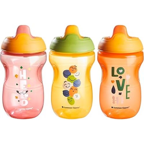 Tommee Tippee Sippee Cup, Water Bottle for Toddlers, Spill-Proof, BPA Free, 10oz, 9m+, Pack of 3, Pink, Orange and Red