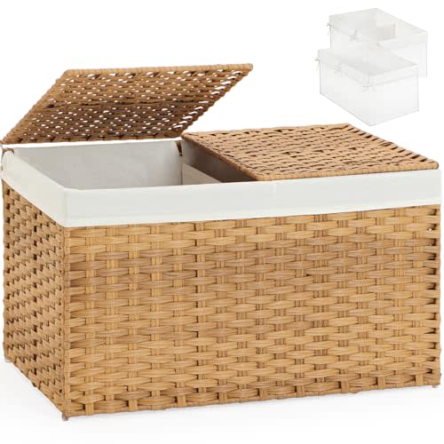 Storage Basket with Lid Rattan Storage Basket with 2 Separate Lid, 27.8 Gallon (105 L) 25.2 * 15.4 * 16.1 Inches Woven Wicker Baskets with 2 Liners and Handles for Bedroom Laundry-Natural