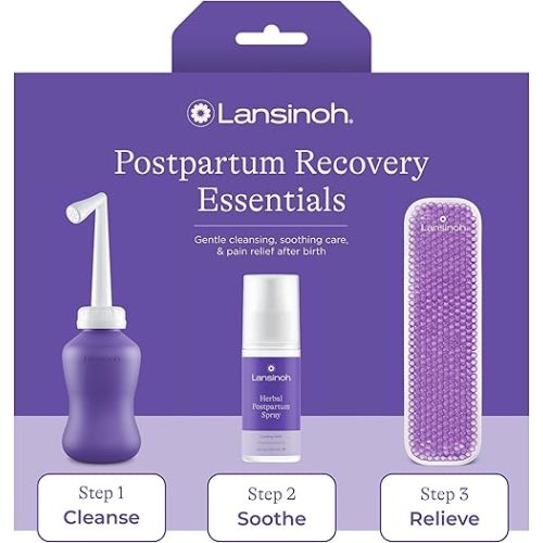 Lansinoh Postpartum Essentials Kit, Includes Upside Down Peri Bottle, Herbal Perineal Spray, Reusable Perineal Ice Packs and Sleeves