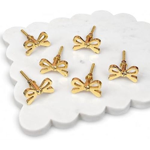 Perilla Home Set of 6 Brass Bow Knobs for Cabinet & Drawers Decorative Bow Knobs for Home Kitchen Cabinet Hardware Cupboard Metal knobs Door Dresser Wardrobe and Drawer Pulls