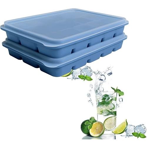 Ice Cube Trays Set of 2, Easy Release 15 Flexible Silicone Ice Cube Molds with Removable Lid Reusable Freezer Ice Trays Stackable for Whiskey, Baby Food, BPA Free (BLUE)