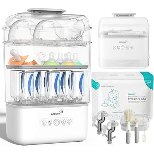 Grownsy 3 Layers-Large Bottle Sterilizer and Dryer, Holds 6 to10 Bottles, Nesting Design Bottle Sanitizer Esterilizador de Biberones for Breast Pump Sterilizer Bags Bottle Brush Included
