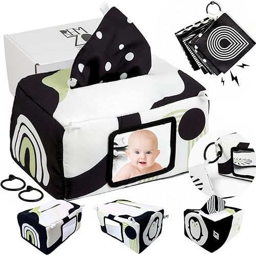 Baby Tissue Box Toy 3-in-1 w/ 10 Hanging Baby Crinkle Paper and Baby Tummy Time Mirror - High Contrast Baby Toys for Newborn - Sensory Montessori Magic Tissue Box Baby Toy - Crinkle Books for Babies