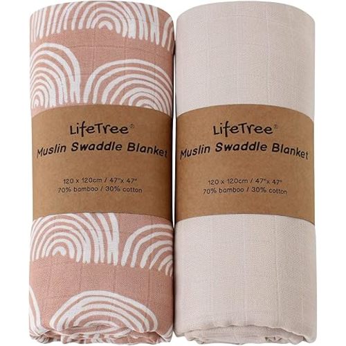 LifeTree Muslin Baby Swaddle Blankets, Baby Swaddling Receiving Blanket for Boys & Girls, 70% Viscose from Bamboo & 30% Cotton, Large 47 x 47 inches Rainbow & Ivory White