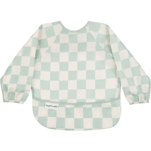 Tiny Twinkle Long Sleeve Bib for Babies & Toddlers | Waterproof Smock Bib for Eating | Machine Washable & Mess-Proof Feeding Essentials | Newborn Shower Gift (Checkers Sage, 6–24M)