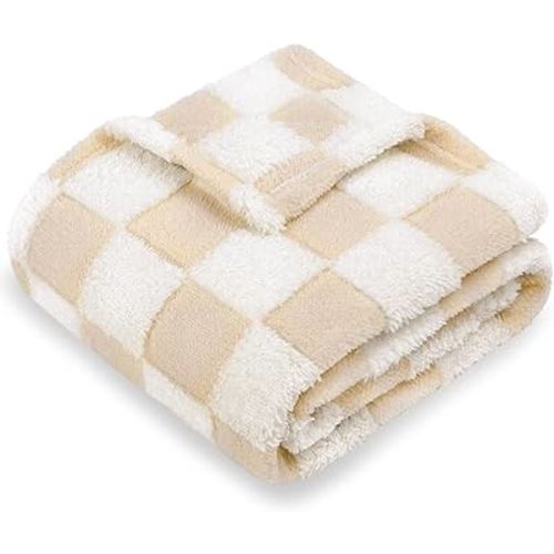 HOMRITAR Baby Blanket for Unisex Boys Girls Soft Cozy Reversible Checkerboard Toddlers Blanket, Fluffy Fuzzy Plush Lightweight Bed Blanket with Chessboard Grid Design 380GSM Khaki 30 x 40 Inch
