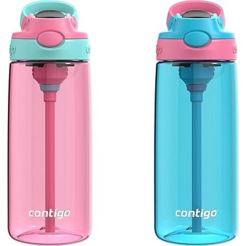 Contigo Aubrey Kids BPA-Free Water Bottle with Silicone Straw Spill-Proof Lid Dishwasher Safe 20oz 2-Pack Suitable for 3+ Years Azalea/Jade & Blue Raspberry/Azalea