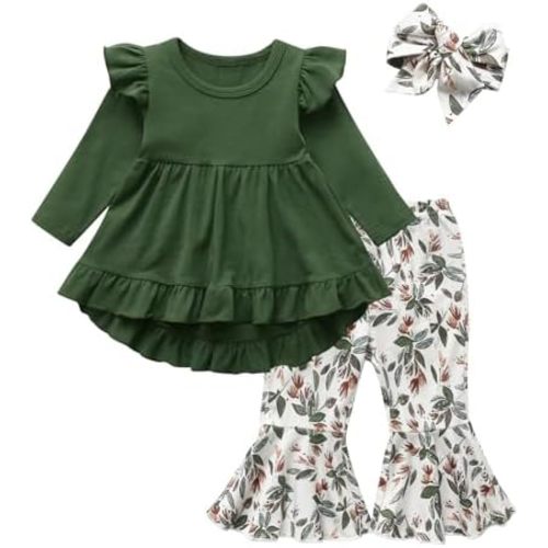 KuKitty Toddler Baby Girl Clothes Solid Color Long Sleeve Ruffle Tops Floral Bell-Bottoms Pants and Headband Outfits Set