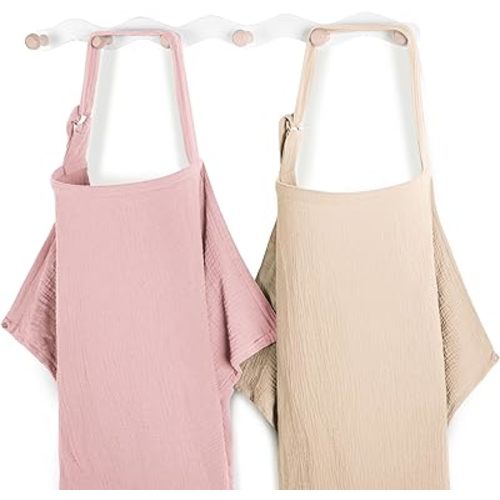 Yoofoss 2 Pack Muslin Nursing Cover for Breastfeeding, 100% Cotton Breastfeeding Cover with Arch Neckline, Soft Breathable Privacy Nursing Covers for Women, Multi-use Breastfeeding Essentials