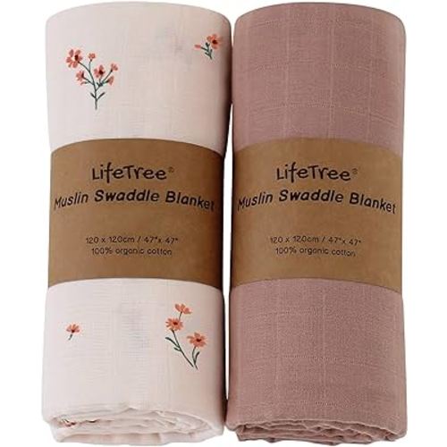 LifeTree Baby Girl Swaddle Blankets, Muslin Swaddling Wrap Receiving Blanket for Newborn, Organic Cotton, Large 47 x 47 inches, Solid Color/Flower Print