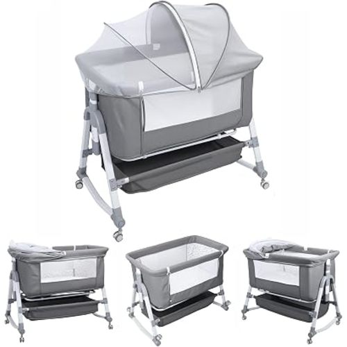 3 in 1 Bedside Bassinet Baby Crib with Large Curvature Cradle, Movable Height Adjustable Bedside Bassinet with Mosquito Net Grey