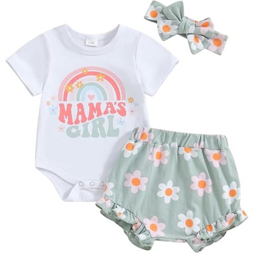 0-3 Month Baby Girl Clothes Mama's Girl Short Sleeve Romper Flower Ruffle Shorts Headband Set 3Pcs Summer Outfits