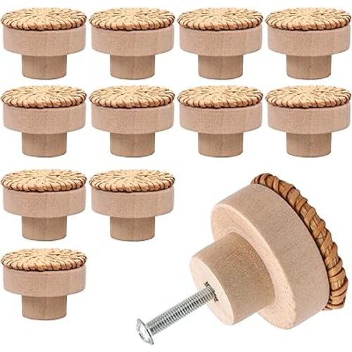 12 Pcs Brown Boho Rattan Dresser Knobs and Pulls, Decorative Wooden Drawer Handles for Kitchen, Bathroom and Closet