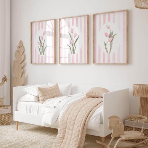 Cute Light Pink Flowers Wall Art for Baby Girl Nursery Pastel Decor Set of 3 Watercolor Tulip Prints for Toddler Girl Bedroom Floral Artwork